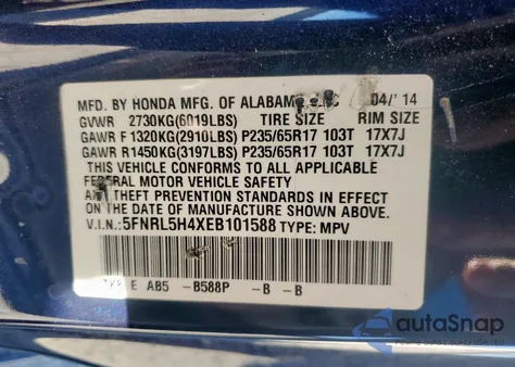 2014 Honda Odyssey Ex from USA, damaged, VIN 5FNRL5H4XEB101588
